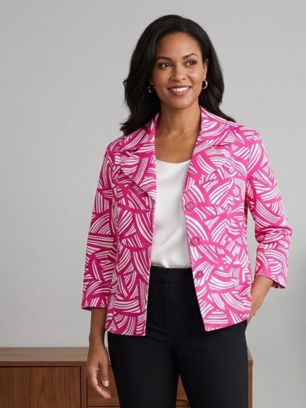 Rafaella Barbiecore Pink and White Abstract Patterned Button-Front Jacket XL